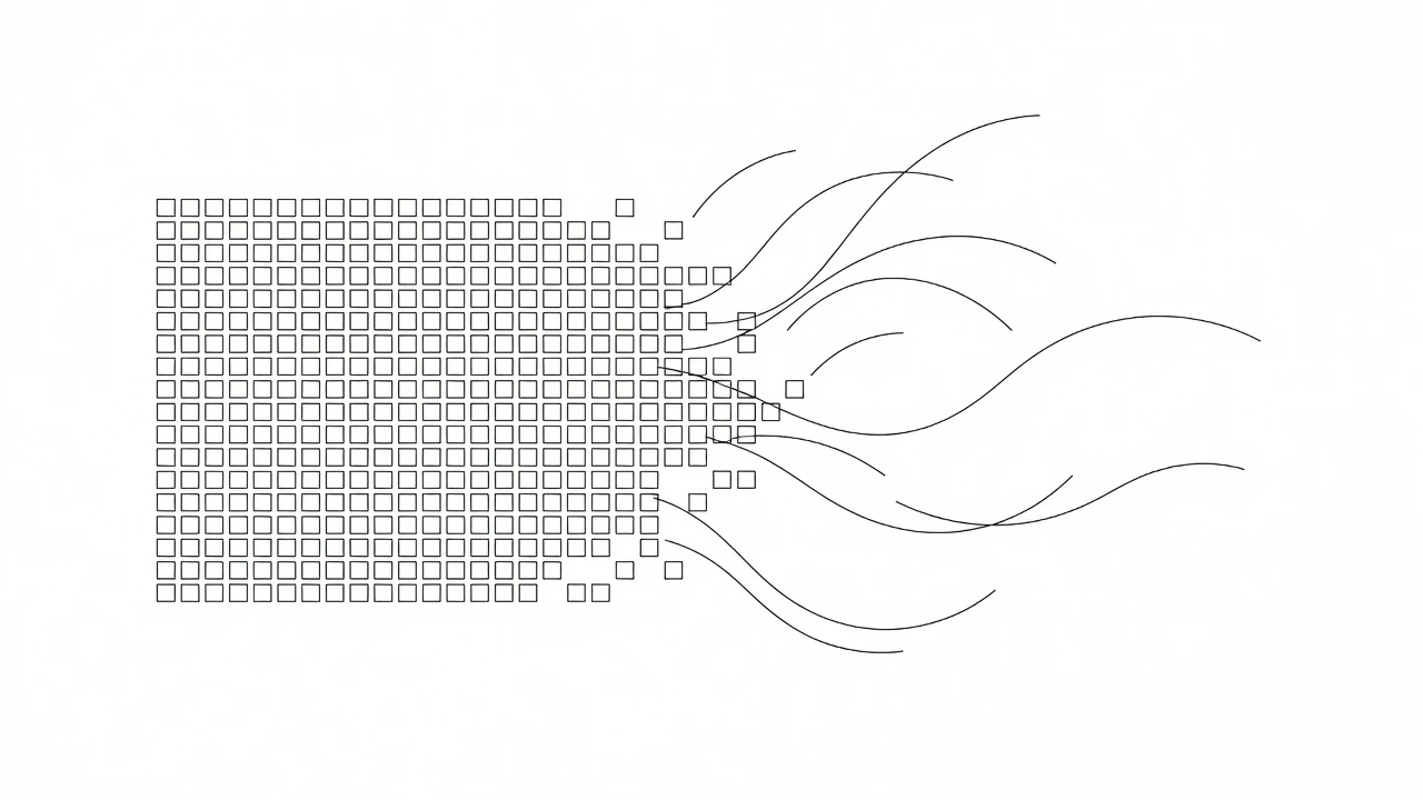 A rigid grid of squares breaking apart into free flowing lines