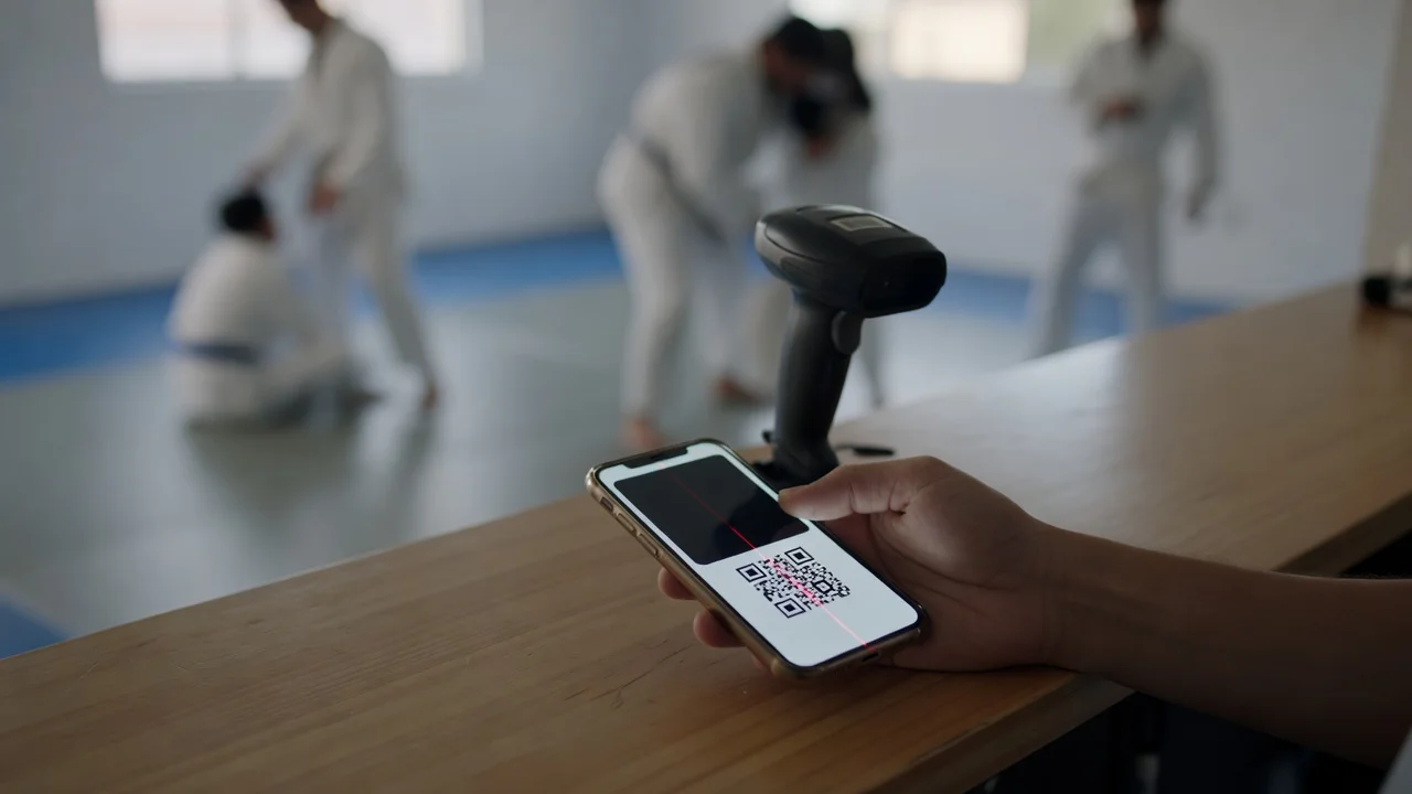 A scanner at the front desk reading the QR code on a member's phone