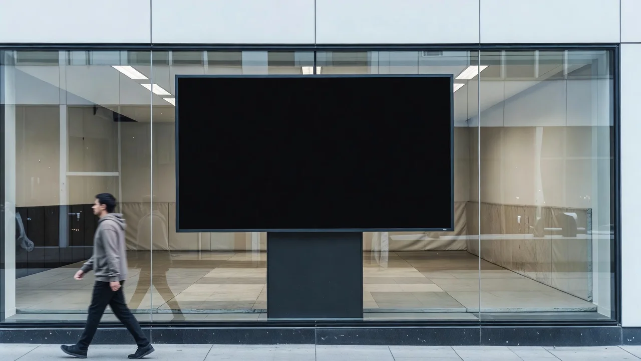 A vertical screen in the academy's street window