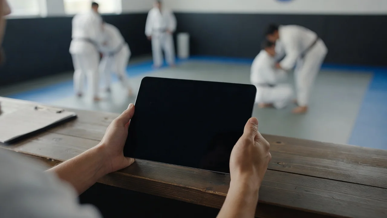 Staff at the desk holding out a tablet with the sign-up screen on it